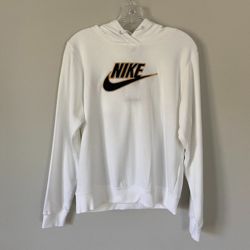 Women's White, Black, and Gold Nike Hoodie Size XS Relaxed Fit